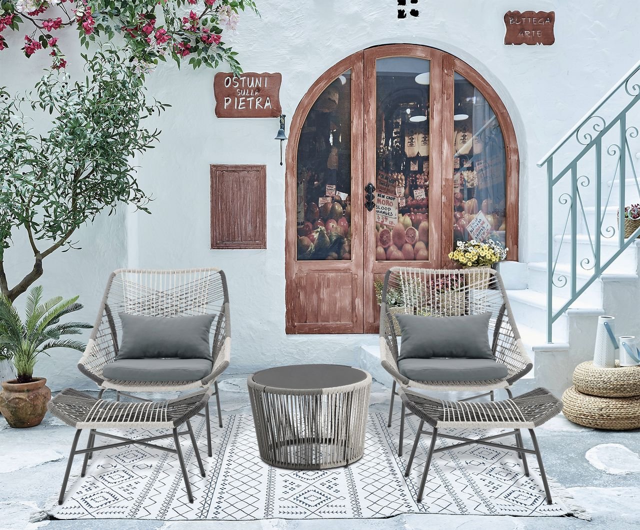 5tlg. Garten Set HGS56-DGR weißes und schwarzes Rattan mit Sitzkissen in dunkelgrau