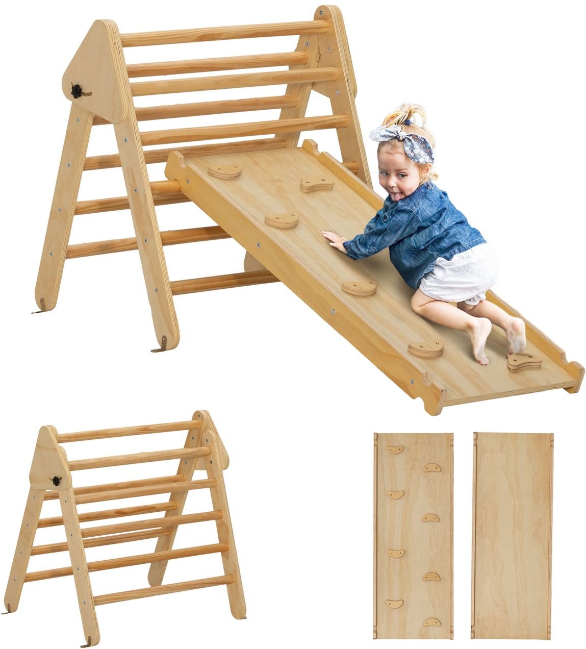 AIYAPLAY 2 in 1 Klettergerüst Set mit Rutsche, Kletterdreieck aus Holz Indoor