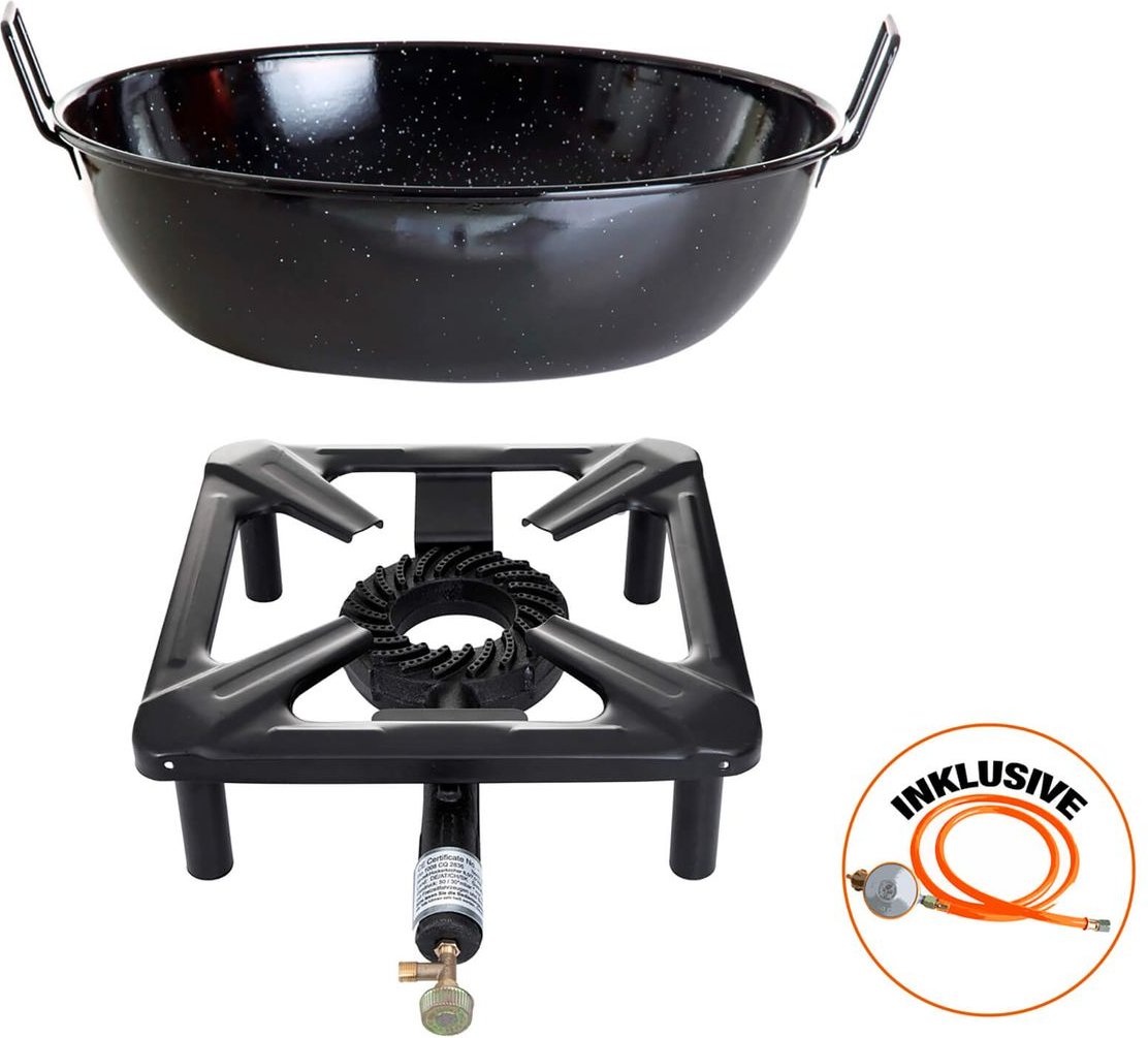 Hockerkocher-Set (klein) ohne Zündsicherung mit Emaille-Schüssel / Topf Ø 30 cm