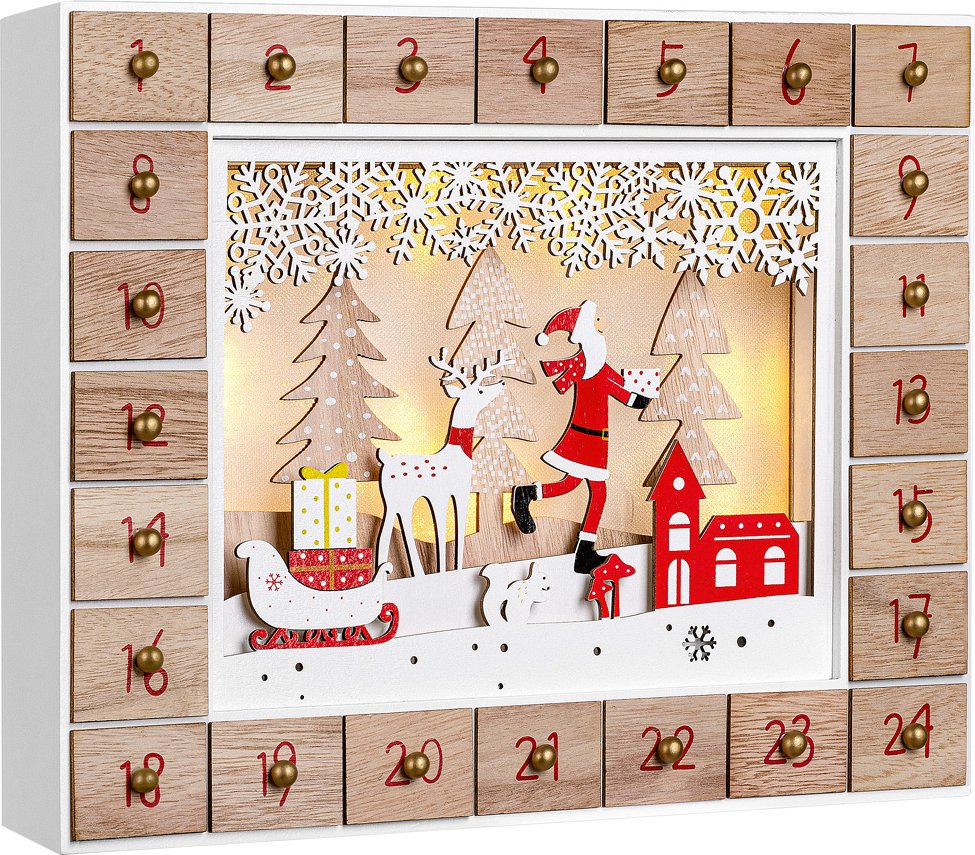 Adventskalender Naturholz 35x6x26,9cm rot