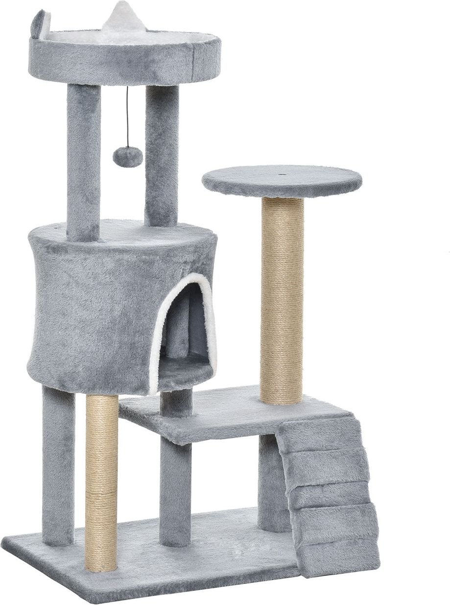 Kratzbaum mit Katzenhöhle Leiter Katzenbaum Höhe 100 cm Kletterbaum für Katzen Spanplatte Jute Grau 60 x 40 x 100 cm
