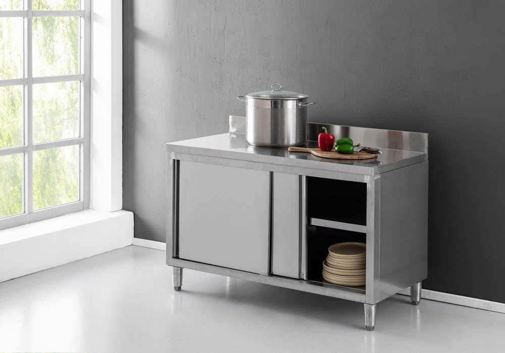 Edelstahltisch mit 2 Türen & Spritzschutz, ca. 120 x 60 x 80/10 cm