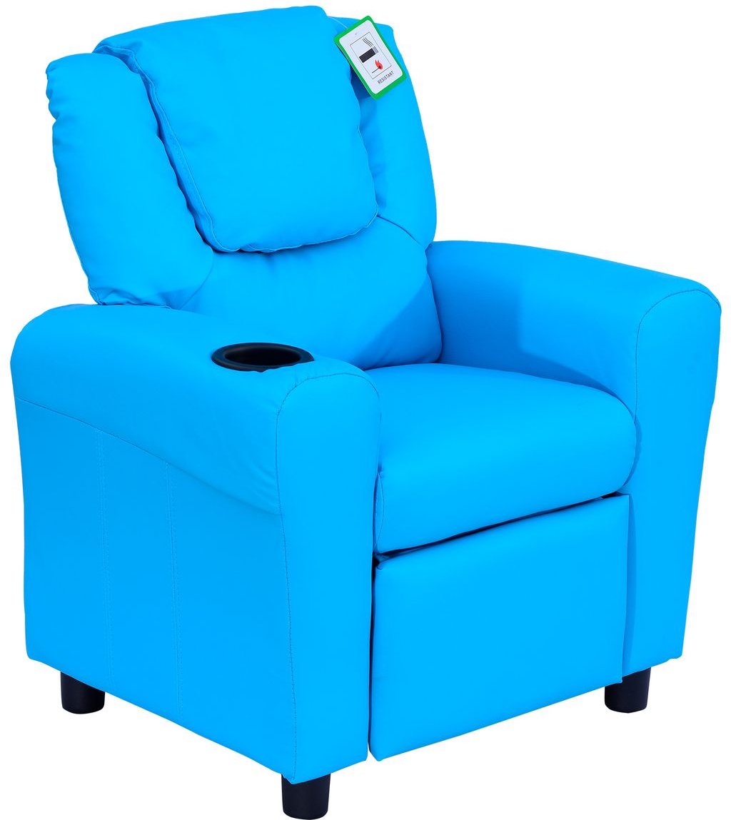 Kindersessel für 3-6 Jahre alt, Liegefunktion, Eingebauten Becherhalter, Blau, 62 x 52 x 69 cm