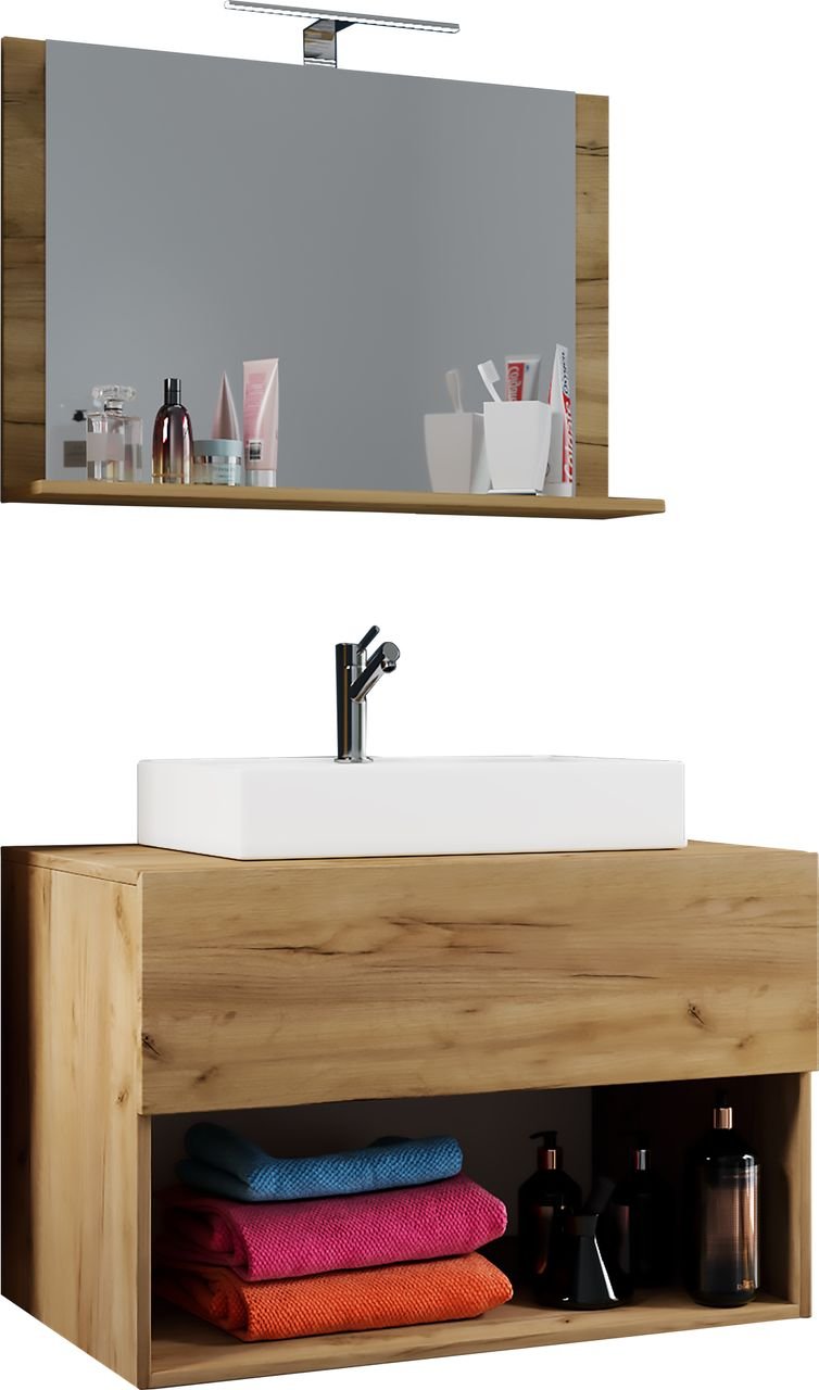 3-tlg. Waschplatz "Lendas II" 80 cm inkl. Spiegel Honig-Eiche