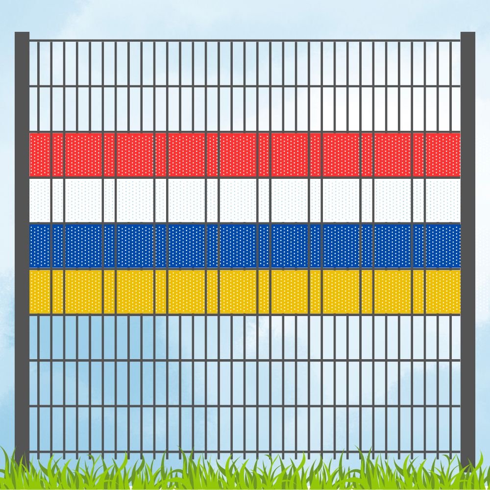 Sichtschutzstreifen Fastnachtsfarben Rot-Weiß-Blau-Gelb Volle Streifenbreite GELOCHT