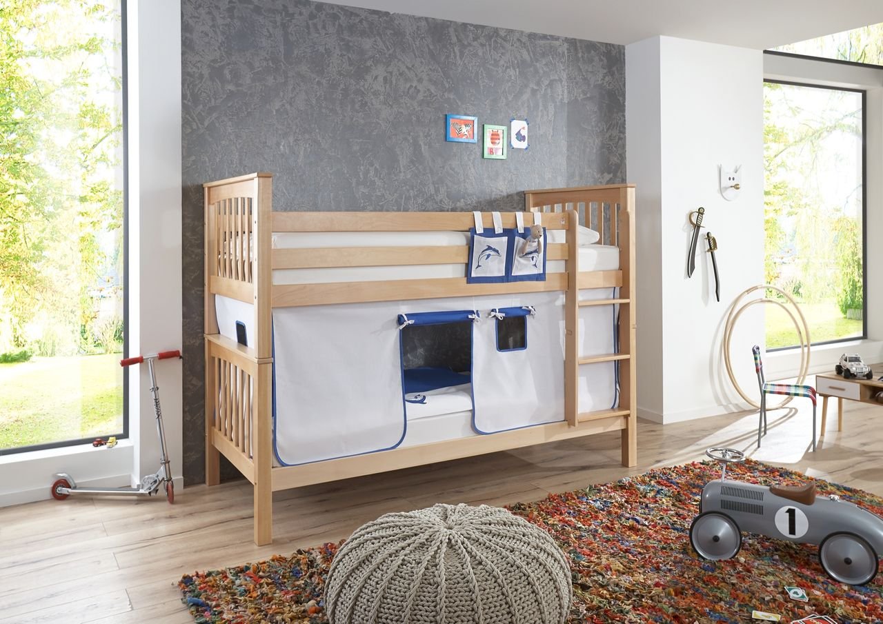 Etagenbett Kick Buche massiv natur lackiert mit Textilset aus Vorhang und Tasche - weiß/delfin