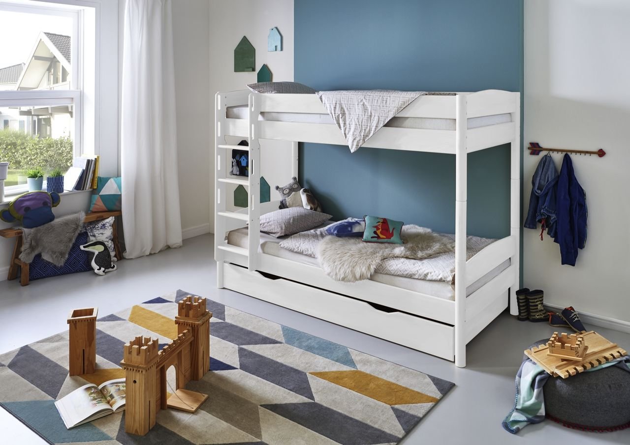 Etagenbett MICHELLE 90x200 cm mit Bettschublade, Buche weiß lackiert, inkl. Rolllattenrost