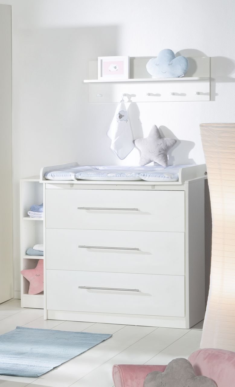 Wickelkommode „Maren“ mit abnehmbarem Aufsatz , schmal, 3 Schubladen, Wickelhöhe 90,5 cm, Weiß