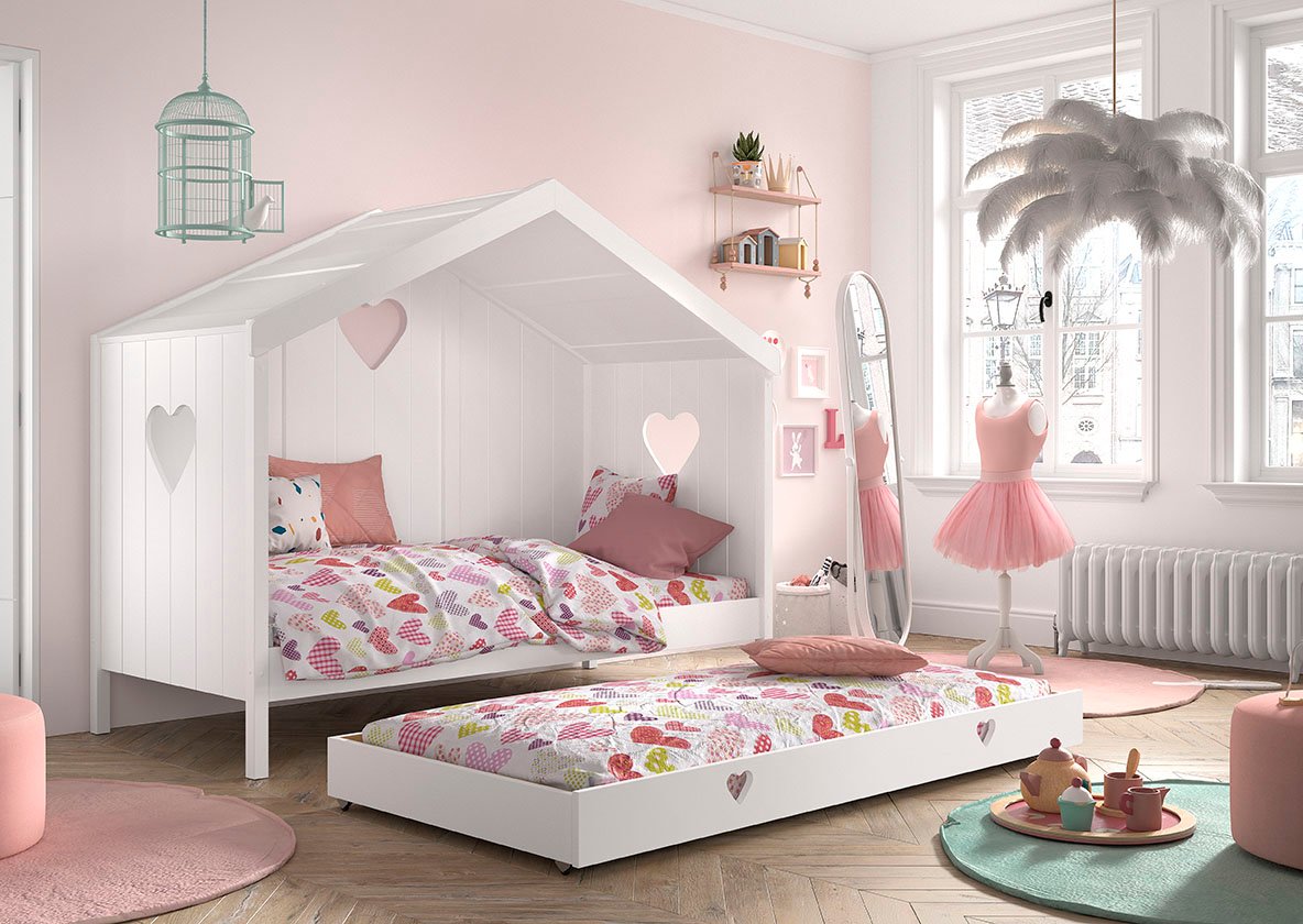 Hausbett Amori mit Rückwand, 90x200 cm, inkl. Rolllattenrost und Bettschublade, Kiefer und MDF