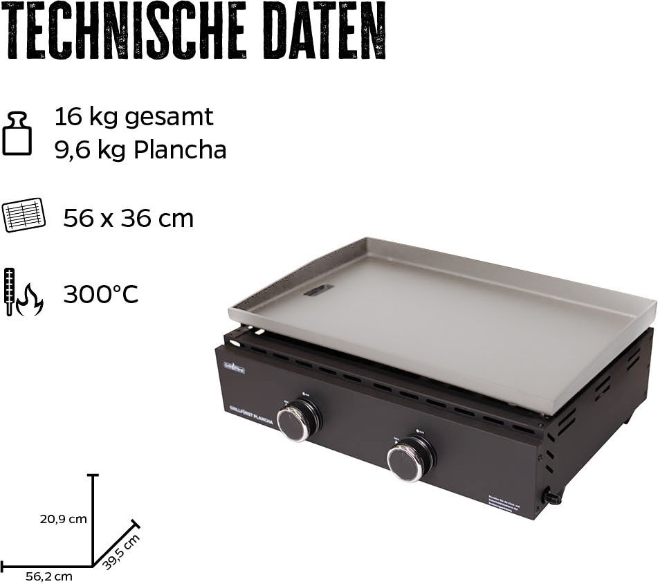 Grillfürst Plancha Grill - 2 Brenner mit insgesamt 7 kW und Edelstahl Plancha