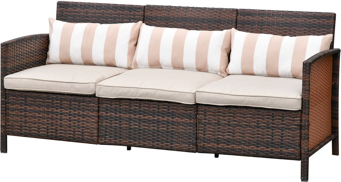 Rattan Sofa Dreisitzer Garten Loungesofa mit Kissen Stahl Braun