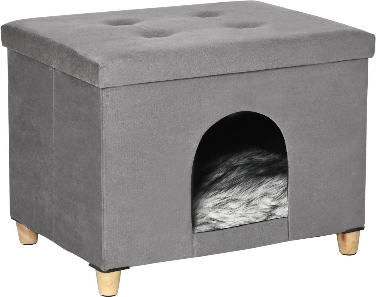 2-IN-1 Katzenhöhle Fußhocker mit Kissen Holzbeine Katzenhaus Grau