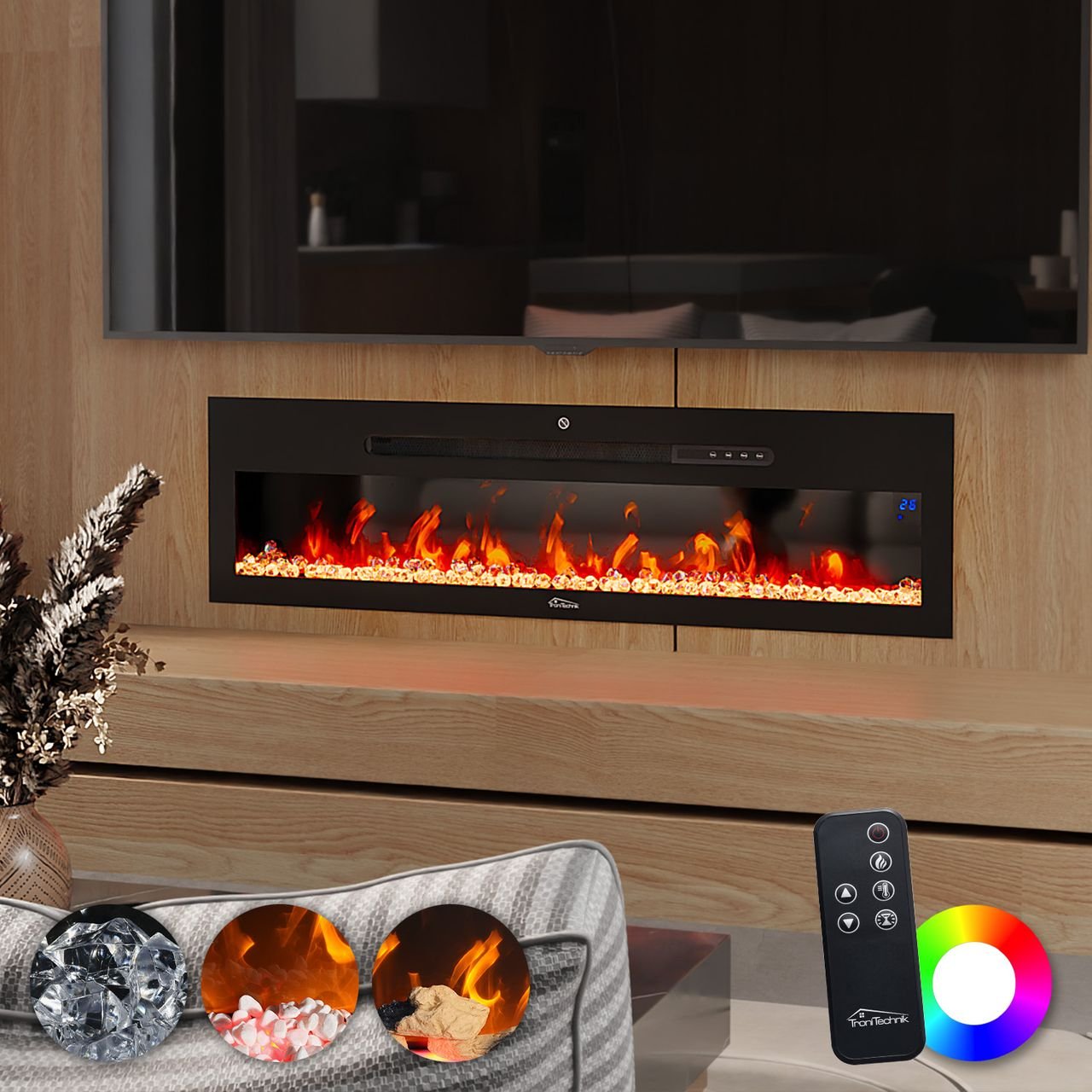 Elektrokamin, Panorama Schwarz LED, 900/1800W, dimmbar, App-Steuerung, Fernbedienung, Zubehör,127cm