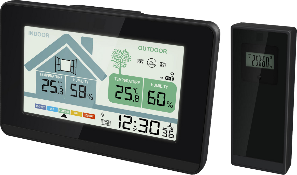 Thumbnail - Funk-Wetterstation mit Lüftungsempfehlung Hygrometer 1x Sensor Displaybeleuchtung Schimmelwarner