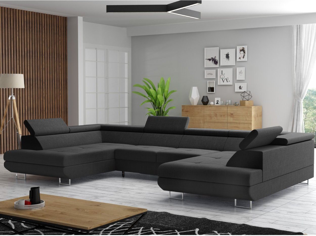 Wohnlandschaft Monaco in U Form mit Ottomane und Bettkasten, ca. 342 x 202 x 77-99 cm - Schwarz