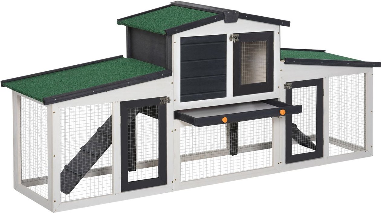 Zwergkaninchenstall, Doppelstöckiger Zwergkaninchenkäfig mit Asphaltdach und Freigehege, Massivholz, Dunkelgrau+Weiß, 20...