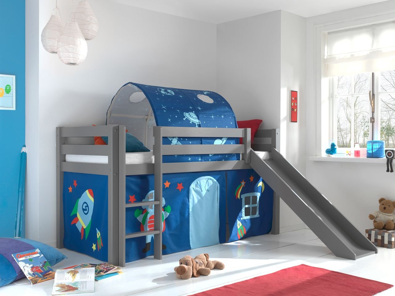 Spielbett Pino inkl. Rutsche mit Textilset Vorhang  Tunnel "Astro", Kiefer massiv grau lackiert