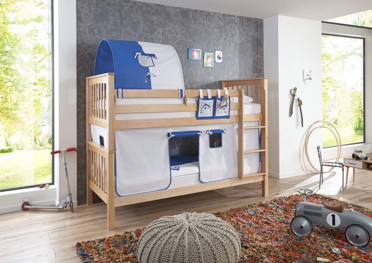 Etagenbett Kick Buche massiv natur lackiert mit Texset aus Vorhang, Tunnel und Tasche - weiß/delfin