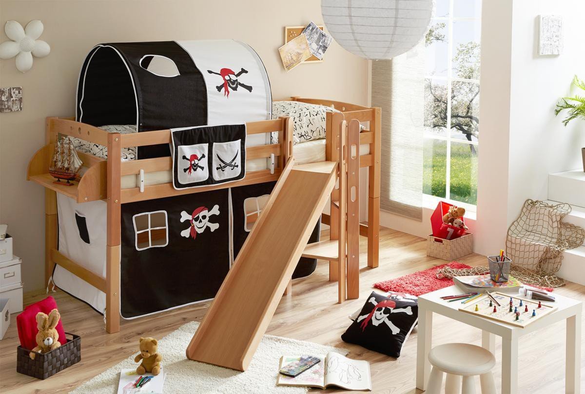 Podestbett mit Rutsche "Tino" Buche Natur "Pirat schwarz-weiß"