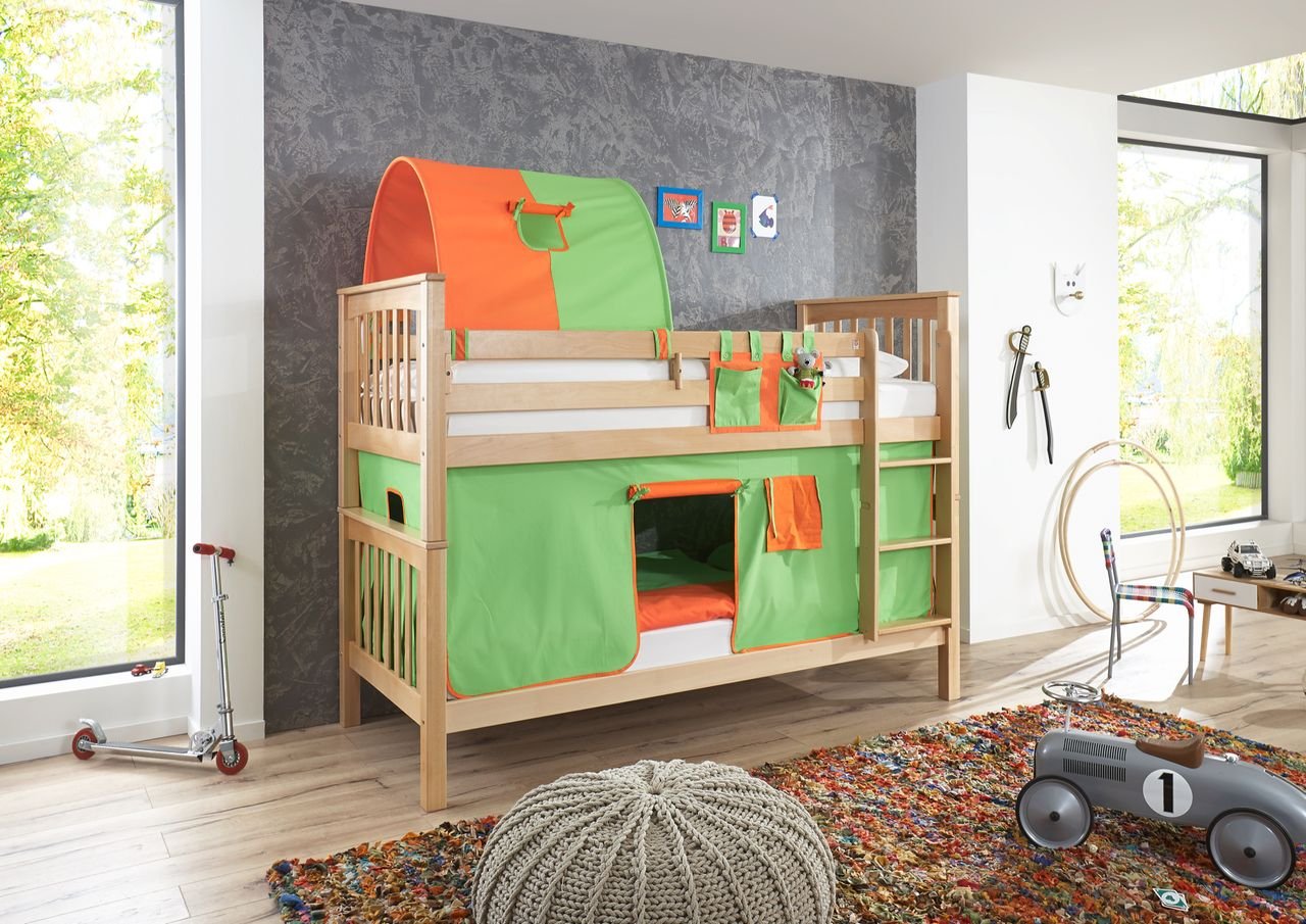 Etagenbett Kick Buche massiv natur lackiert mit Texset aus Vorhang, Tunnel und Tasche - grün/orange