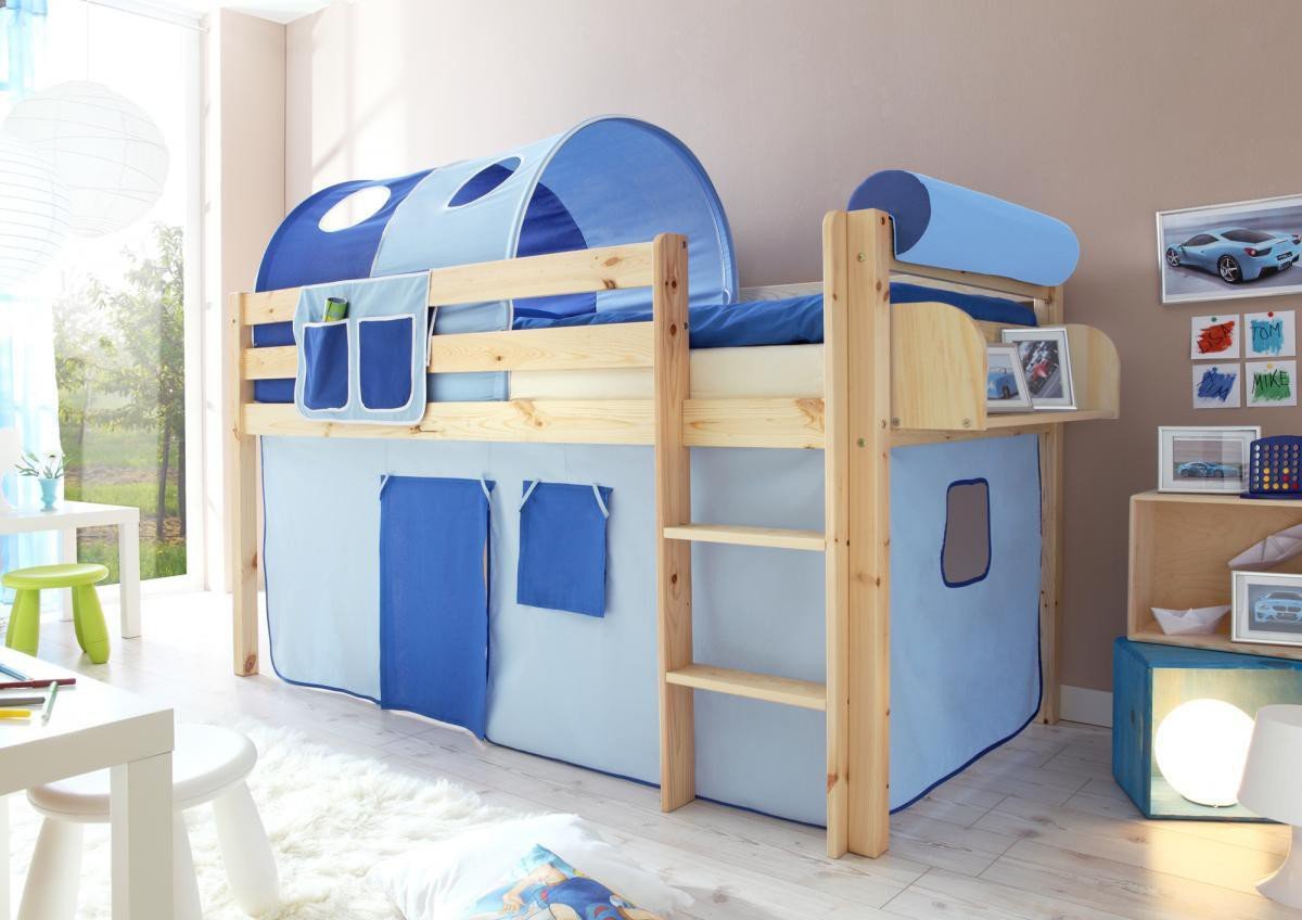Hochbett "Malte" Kiefer Natur "hellblau-dunkelblau"