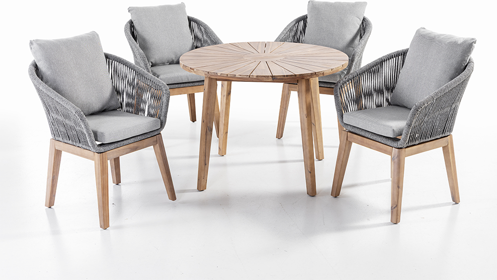 5tlg. Dining-Set Norwich aus Akazien und Rope-Geflecht inkl. Polsterauflage - Grau