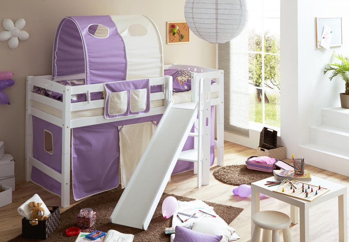 Podestbett mit Rutsche "Tino" Buche weiß "lila-beige"