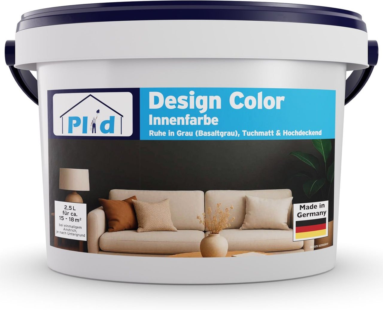 Plid® Design Innenfarbe Basaltgrau 2.5L für ca. 18m², Matte Wand Design-Colour "Ruhe in Grau"