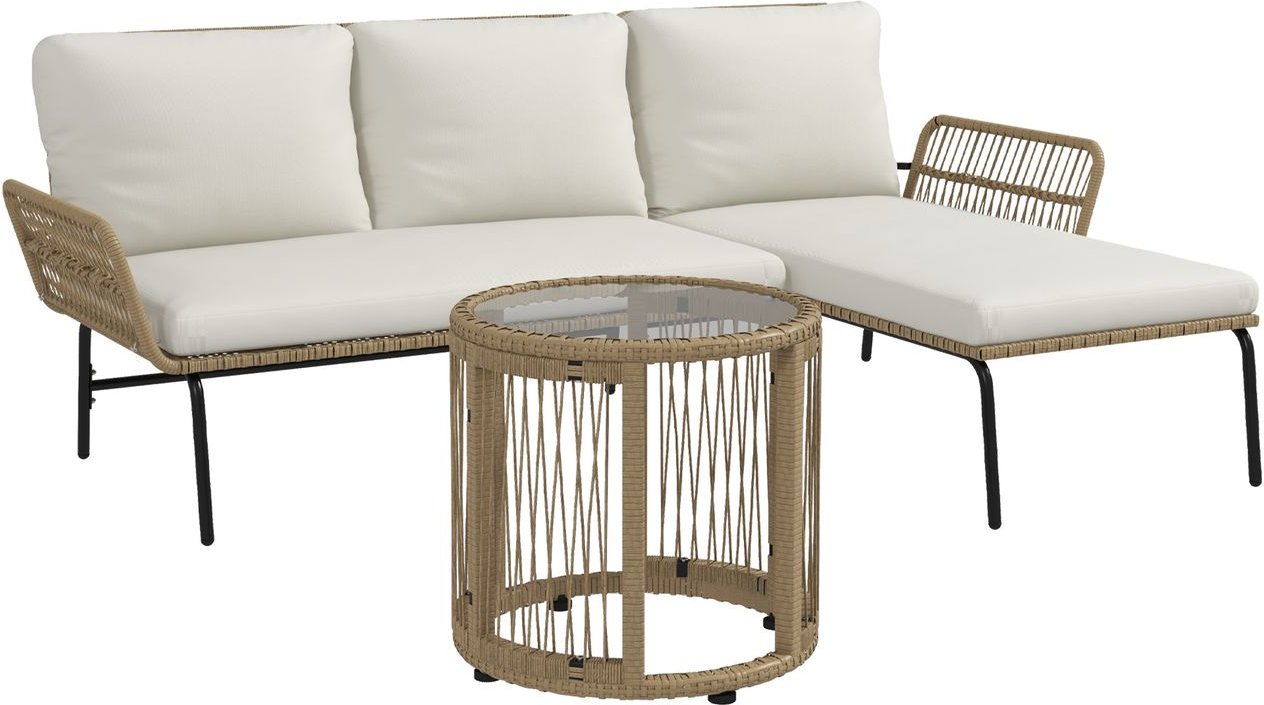 3-tlg. Rattan Gartenmöbel-Set, Gartenset mit Liegestuhl, Couchtisch, Zweisitzer