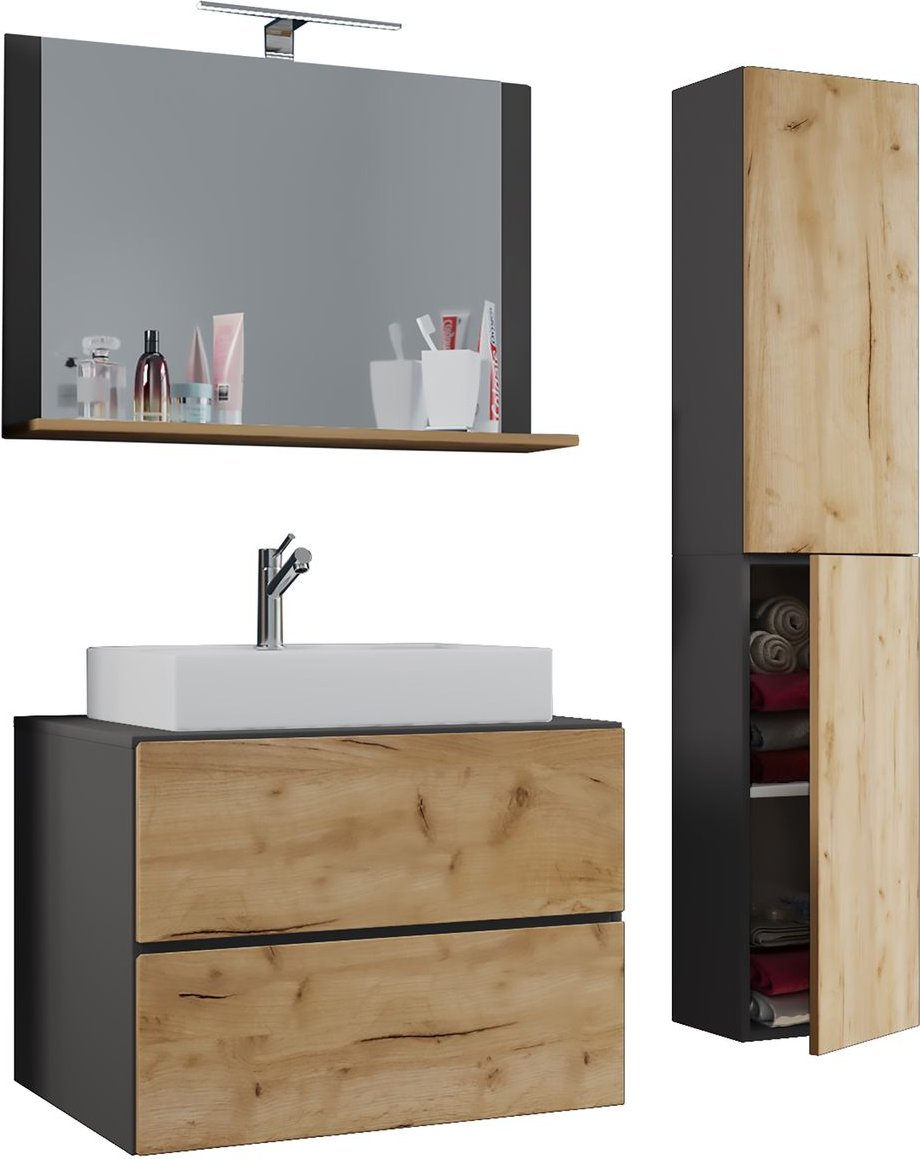 Badblock Lendas L 80cm Unterschrank + Spiegel + 1 Seitenschrank Anthrazit/Honig-Eiche