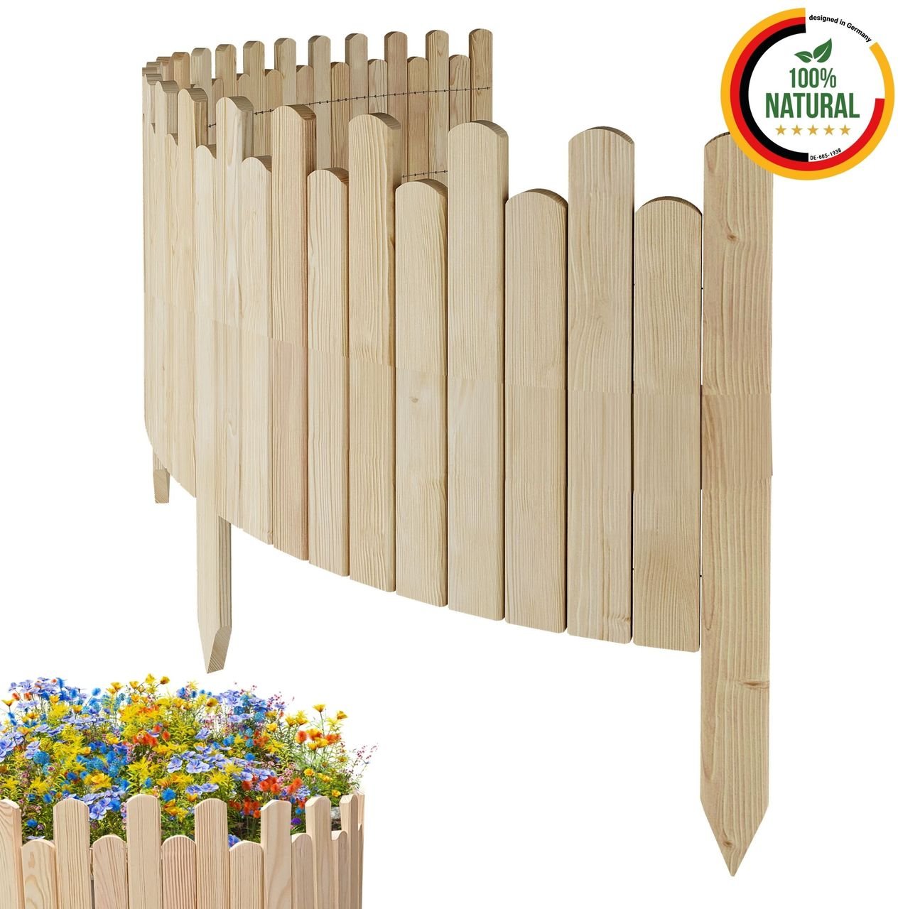 Beeteinfassung Rasenkante 200cm Flexibler Gartenzaun Rollzaun Palisade Höhe 40 cm, Unbehandelt