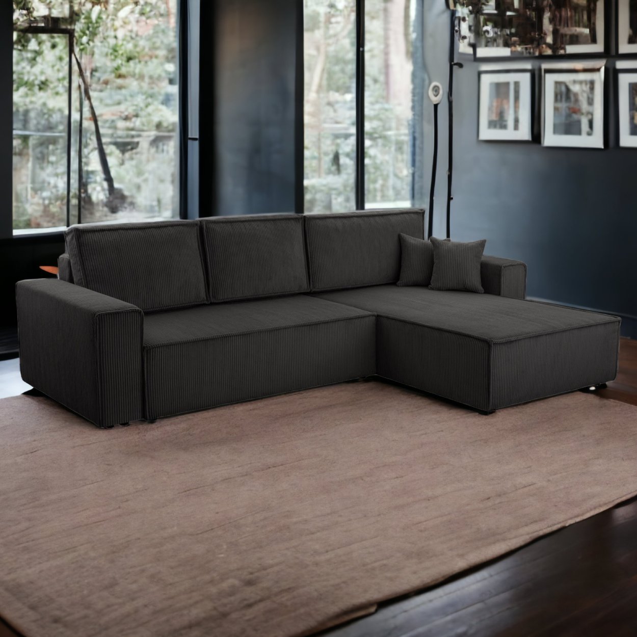 Wohnlandschaft Anthrazit Genf Cord XL mit Kopfteilverstellung Ottomane rechts links universell