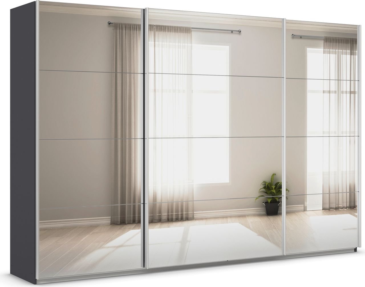 rauch Quadra Kleiderschrank 3-türig, mit Spiegel, Farbe Grau metallic Breite 315 cm