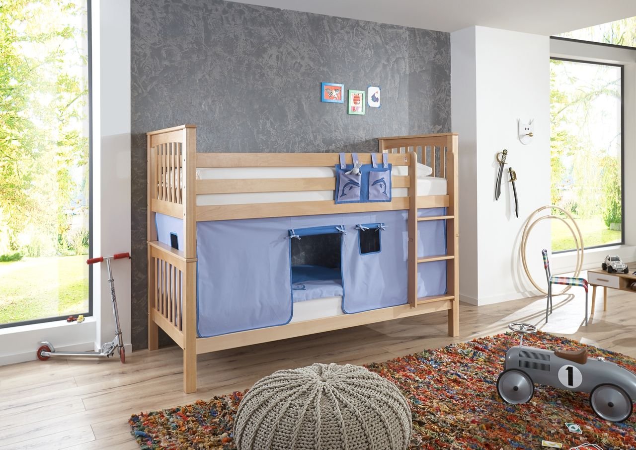 Etagenbett Kick Buche massiv natur lackiert mit Textilset aus Vorhang und Tasche, - blau/delfin