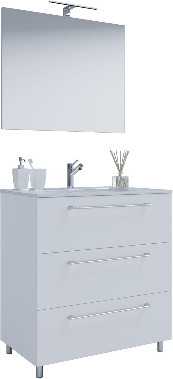 3-tlg. Stand-Waschplatz "Badinos 3 Schubfächer" 60 cm | Mit Spiegel Weiß