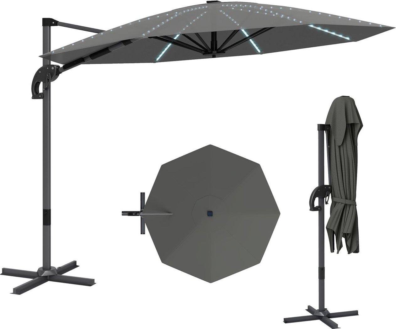 Alu Ampelschirm LED Solar Ø300 cm höhenverstellbar Sonnenschirm