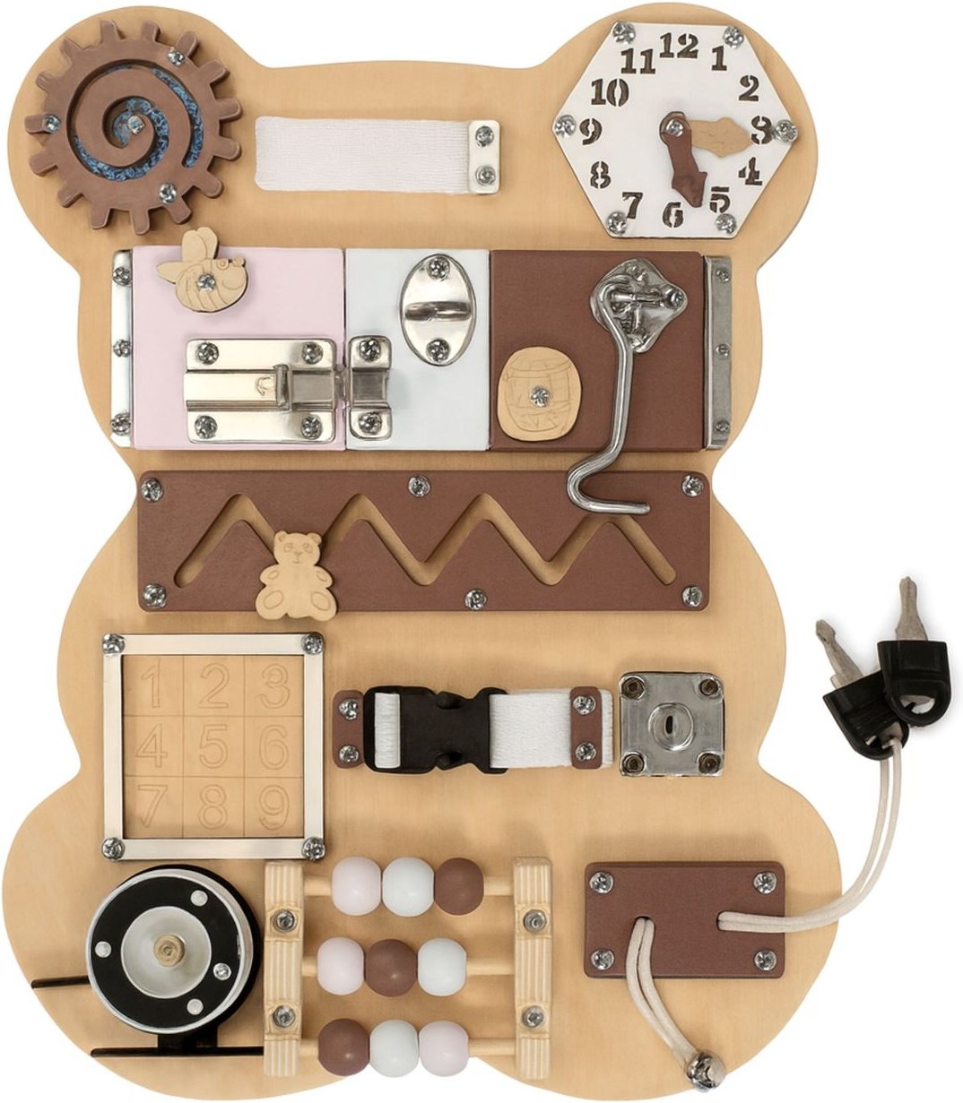 Montessori Busy Board Holz, 14-in-1 Motorikbrett für Kinder