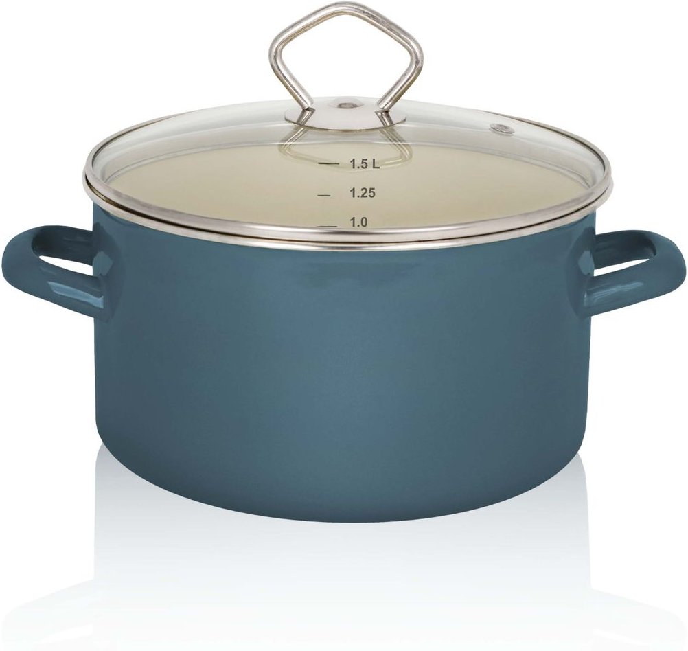 Emaillierter Fleischtopf Petrol mit Glasdeckel, 16 cm