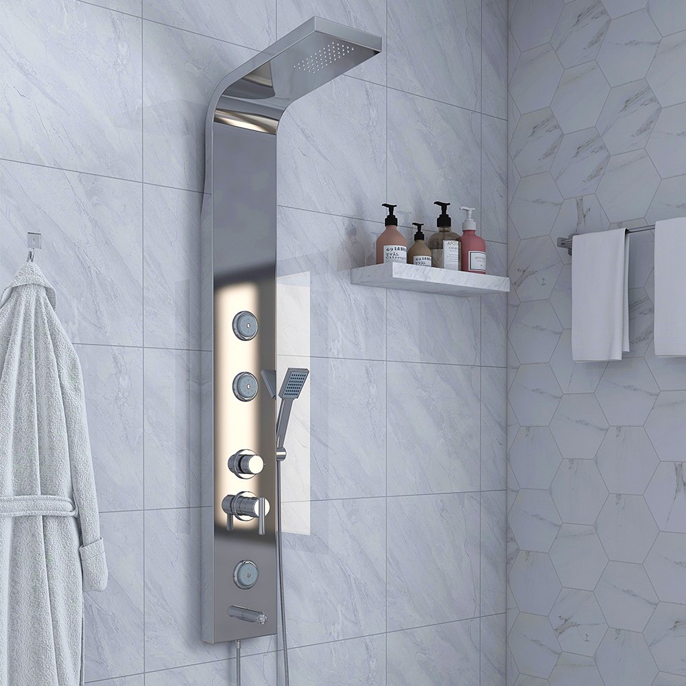 Luxus Edelstahl Duschpaneel 140x20x46 cm Regenwasserdusche Tropenbrause Massagefunktion Handbrause Easy Clean Oberfläche...