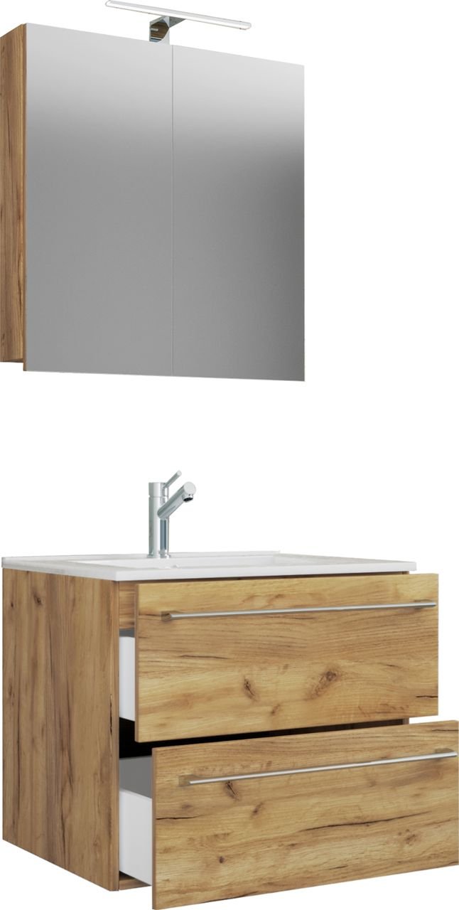 3-tlg. Waschplatz "Badinos 2 Schubfächer" 60cm | Mit Spiegelschrank Honig-Eiche