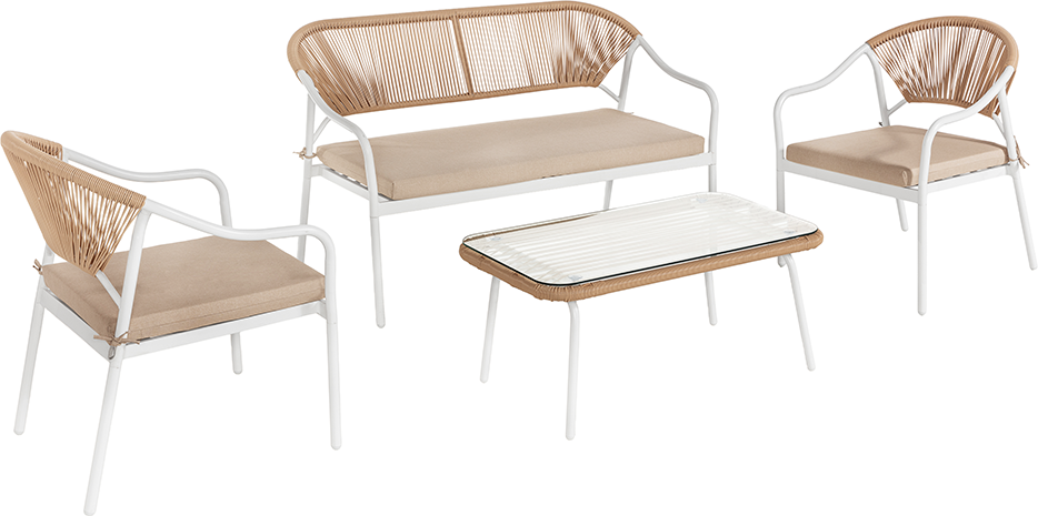 4tlg. Lounge im hellem Rattan mit Sitzkissen - Beige