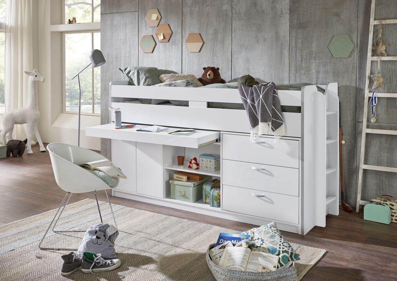 Hochbett Ponny LF 90x200 cm, mit Regal, Schubladenelement und Schreibtisch