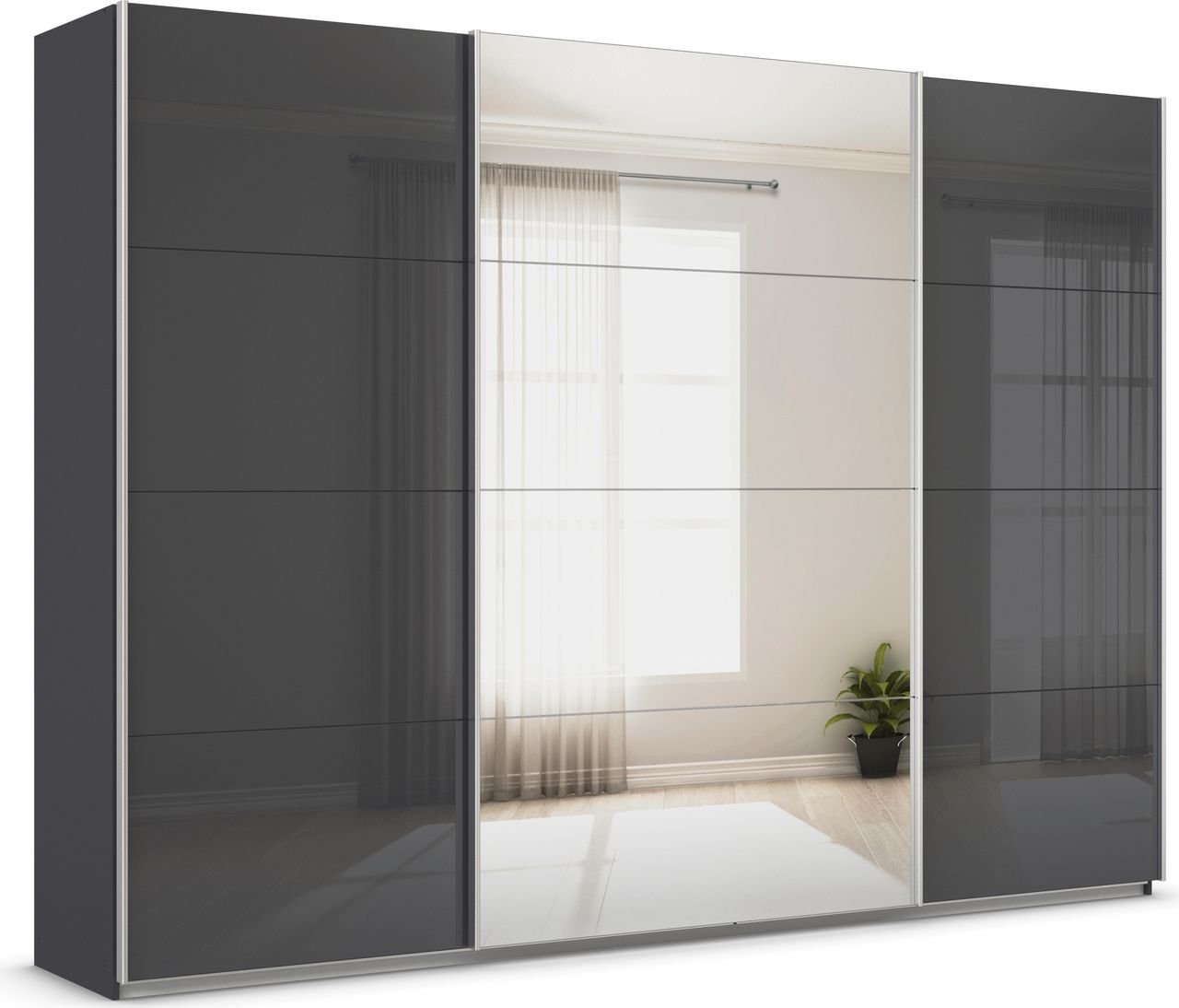 rauch Quadra Kleiderschrank 3-türig, mit Spiegel und Glastüren, Farbe Grau metallic Breite 315 cm