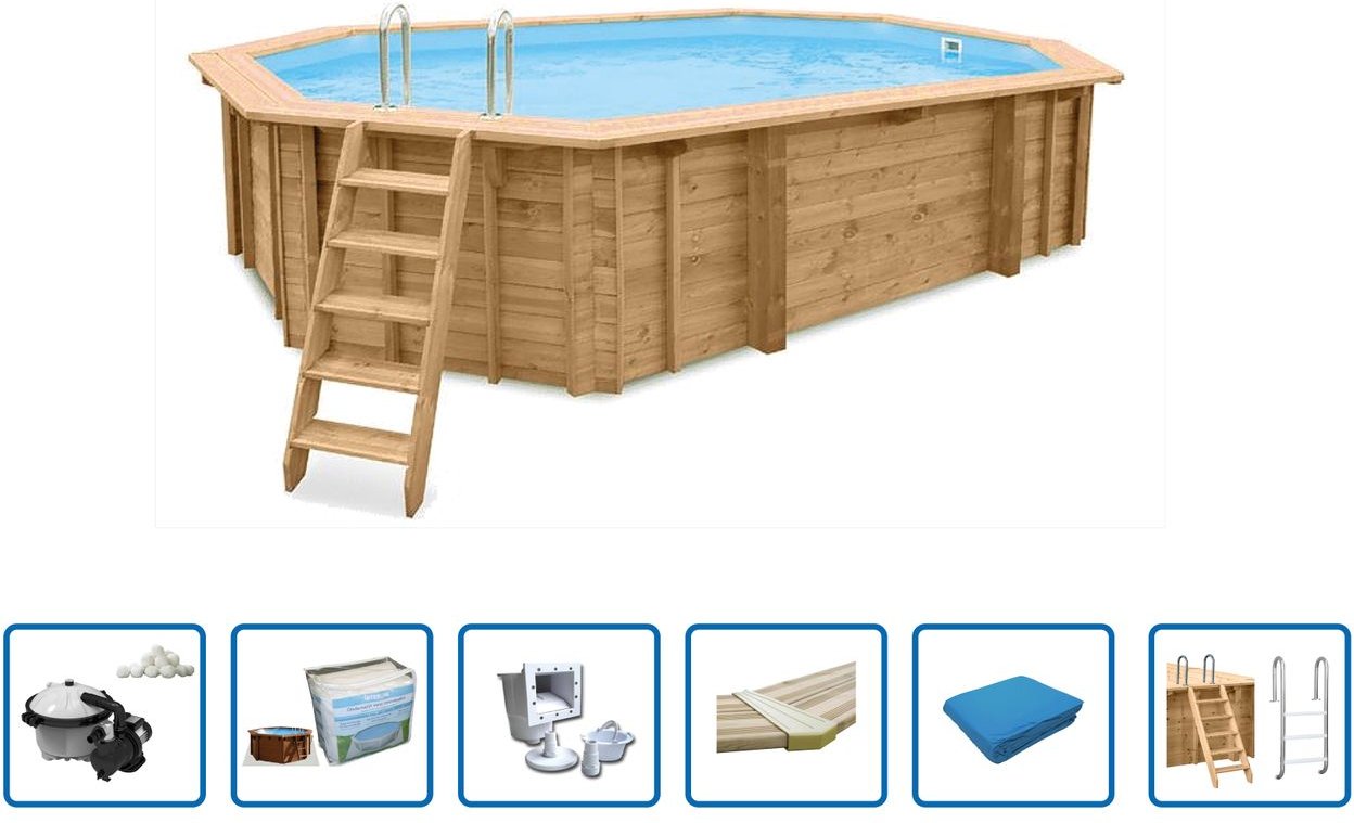 Interline Holzpool "Java" 6,40 x 4,00 m/ 1,36m Achteck Oval (Filteranlage 6,0m3, Basis Set)