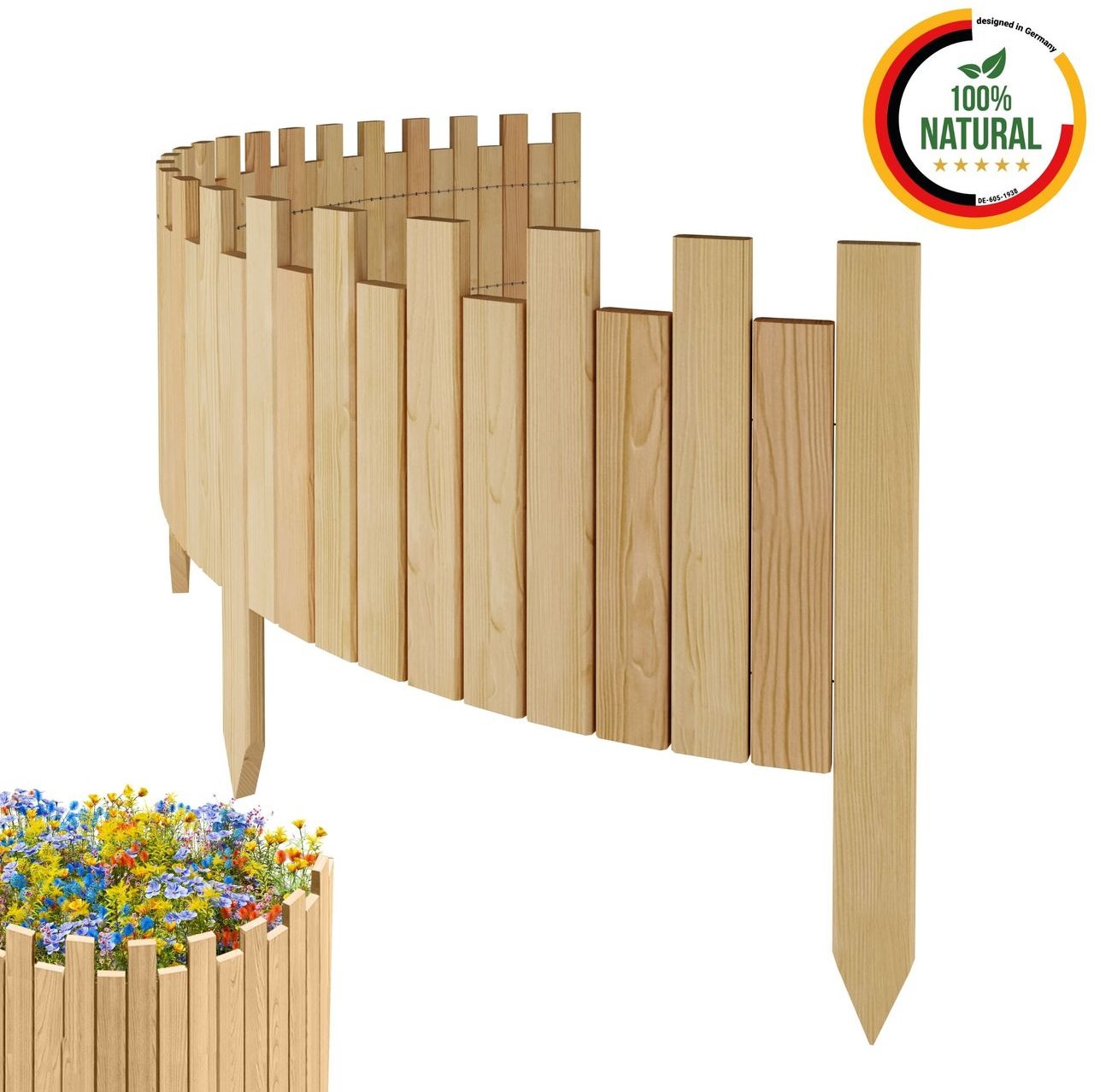 Beeteinfassung 200 x 30 cm Natur Holz Rollzaun Holzzaun Rasenkante Palisade Beetumrandung