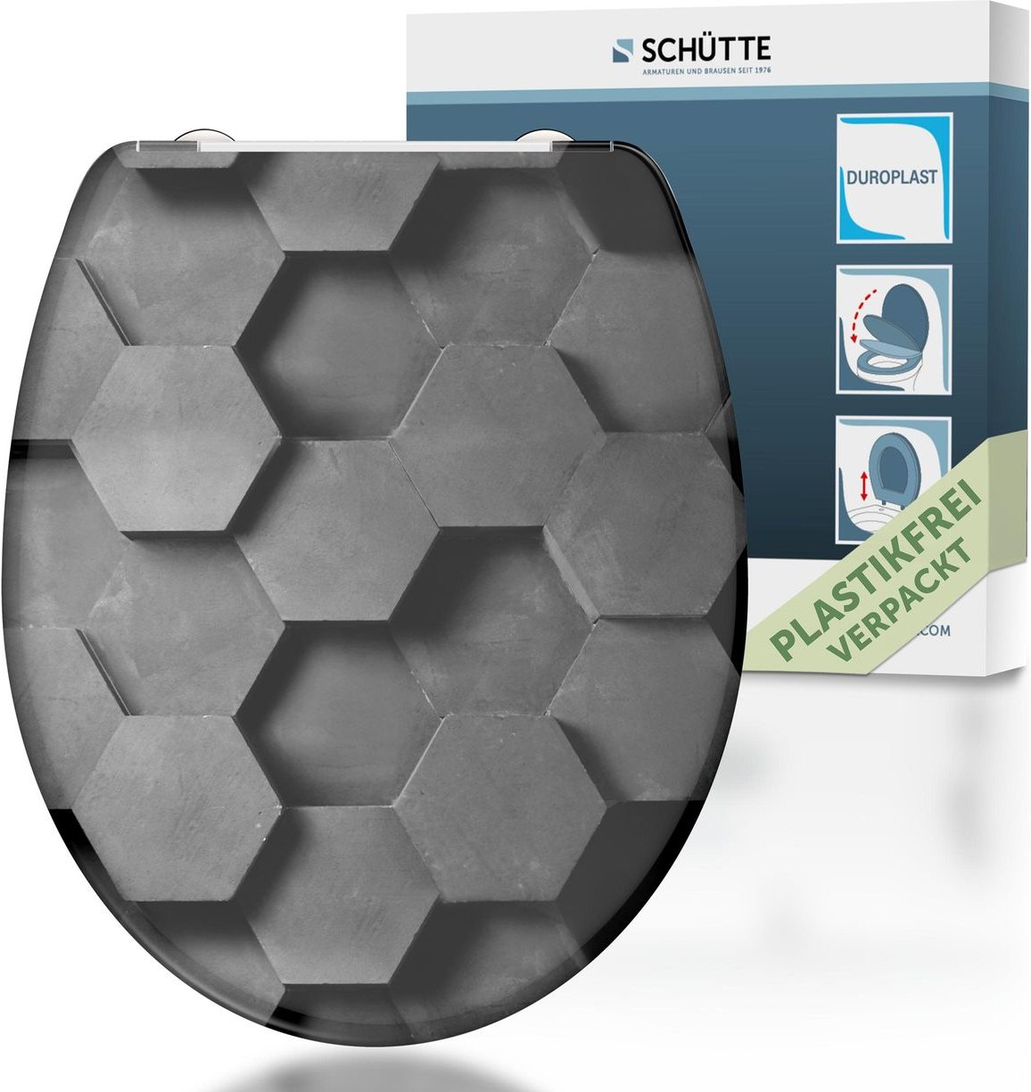 Duroplast WC-Sitz GREY HEXAGONS, mit Absenkautomatik und Schnellverschluss