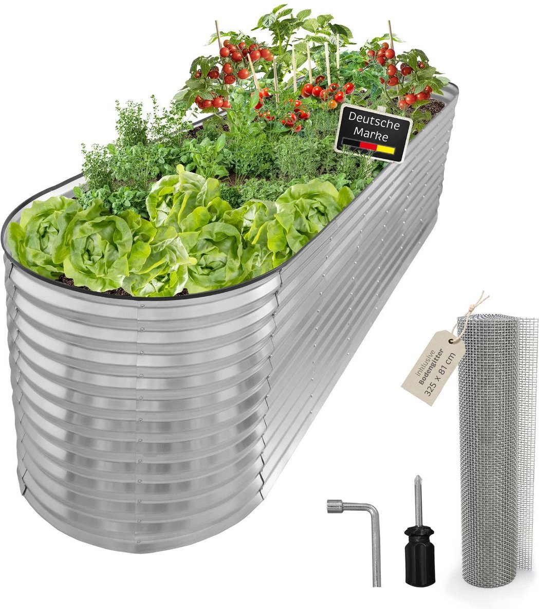 Hochbeet Metall oval 320x80x78cm silber, Pflanzbeet wetterfest, Gartenbeet