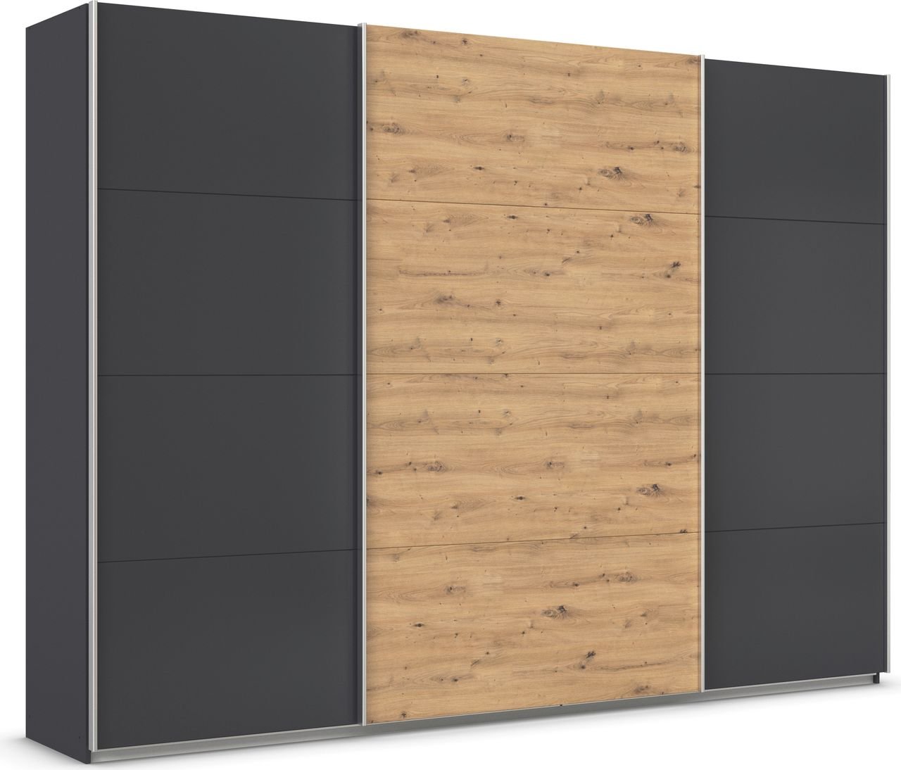 rauch Quadra Kleiderschrank 3-türig, Farbe Grau metallic/Eiche Artisan Breite 315 cm