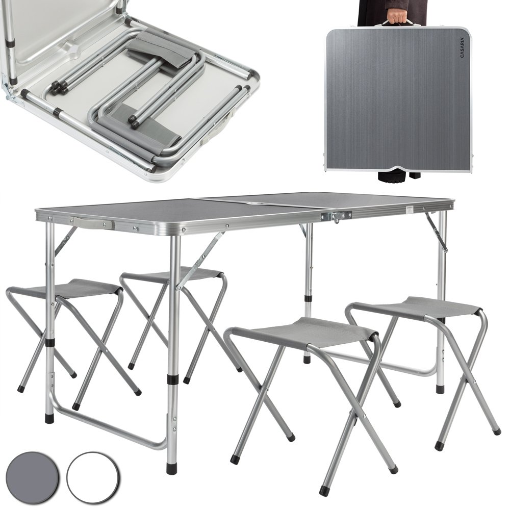 Casaria Campingsitzgruppe Alu MDF 5tlg Tisch: 120x60x55/62/70cm cm Bank: 65 60 x 60cm weiß