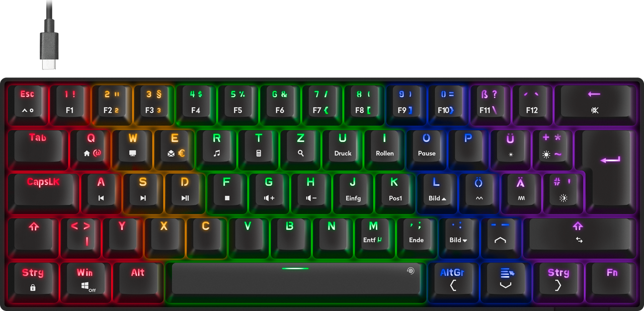 ATMOS RGB Rainbow Mechanical 60% Gaming Keyboard with brown switches, black - DE layout